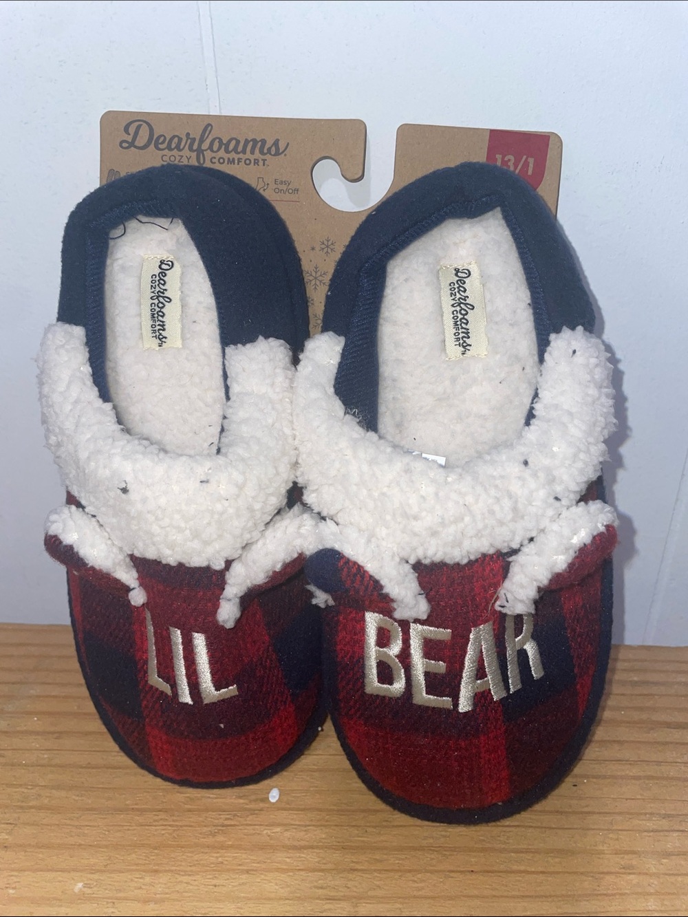 dearfoams Red and Black Plaid Sherpa-Lined 'Lil Bear' Slippers